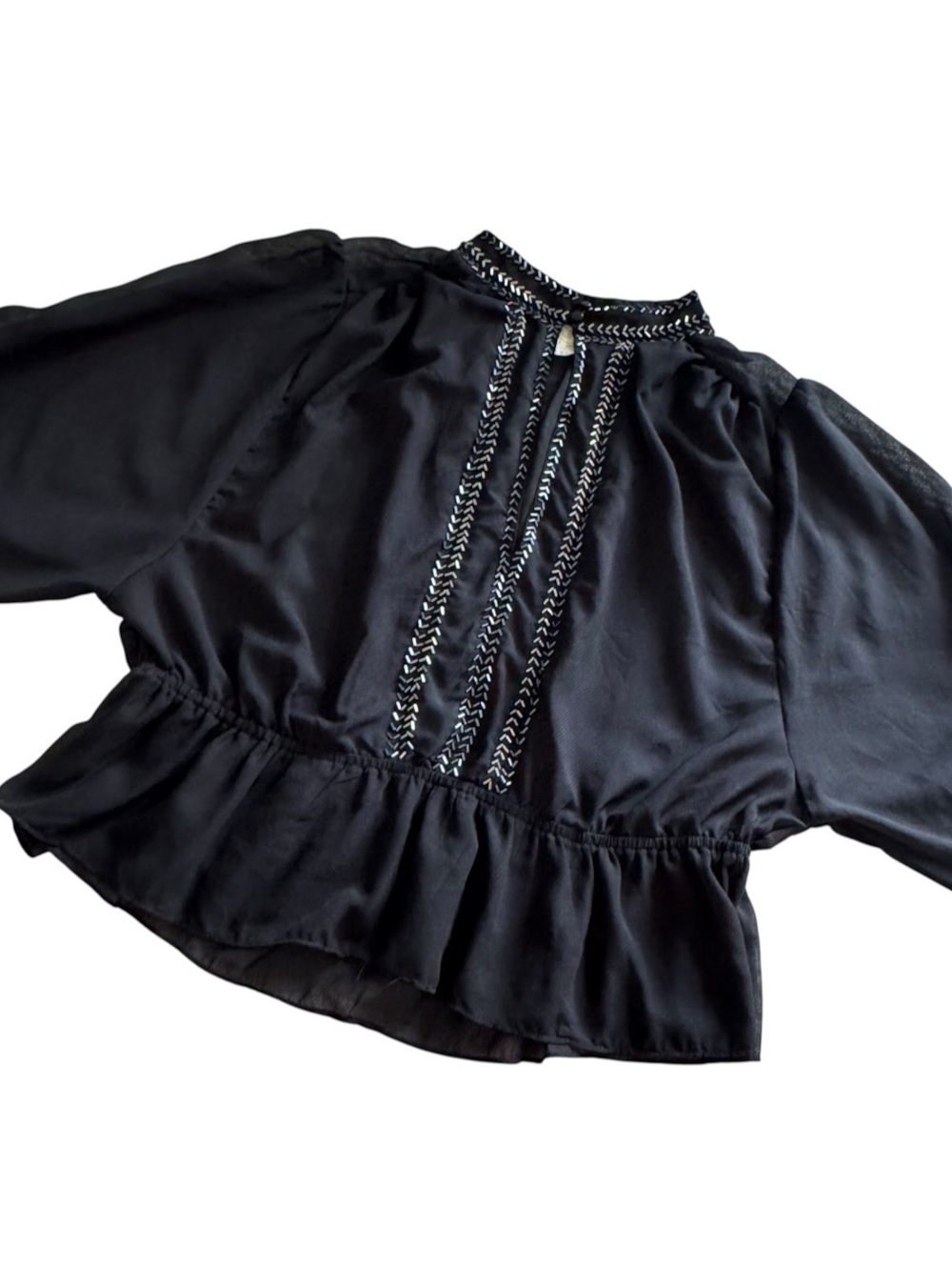 Free People Beaded Chevron Mock Neck Peplum Blouse Black Small Petite READ